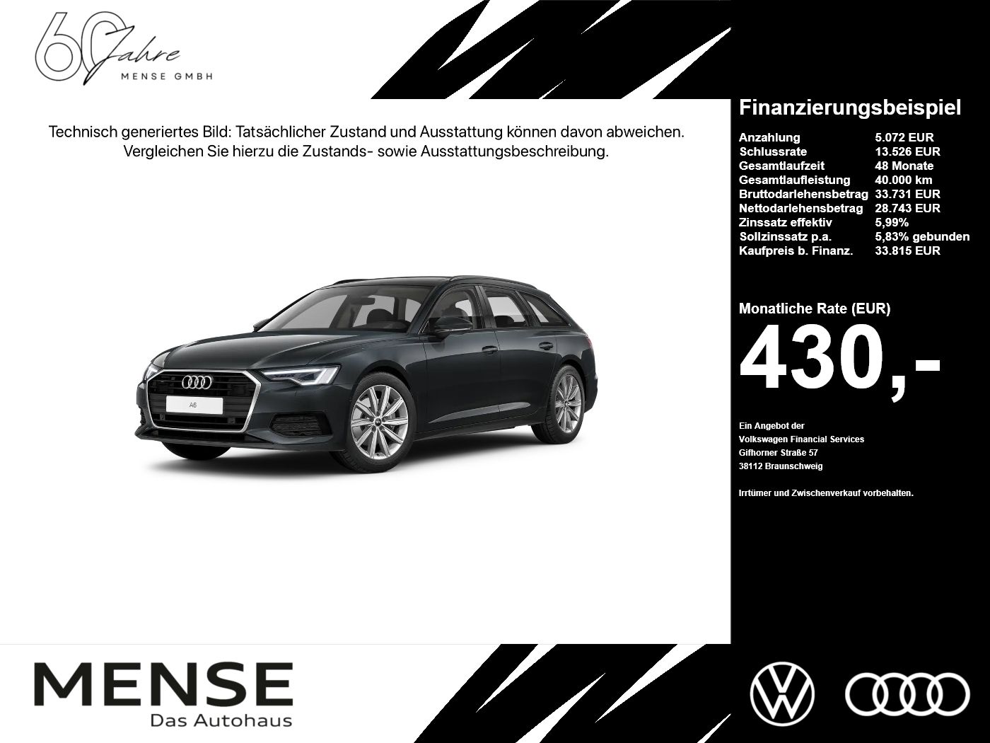 Fahrzeug autohaus mense Fahrzeugabbildung Audi A6 Avant 45 TDI quattro S tronic Matrix AHK Pano - mit KI generiert/bearbeitet