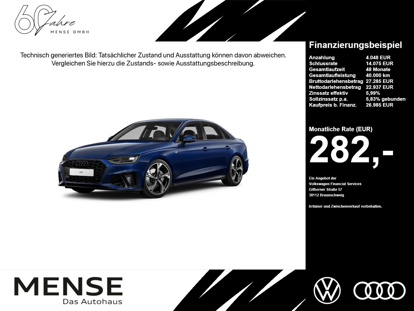 Fahrzeugabbildung Audi A4 Limousine 40 TDI S tronic S line Navi DynLich - mit KI generiert/bearbeitet