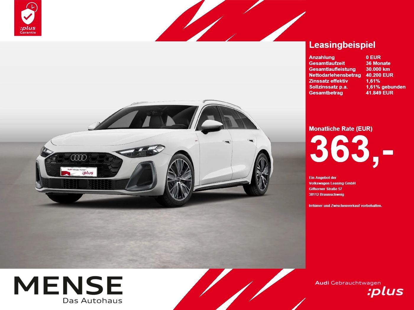 Fahrzeug autohaus mense Fahrzeugabbildung Audi A5 Avant TDI S tronic S-Line Matrix B&O AHK HUD - mit KI generiert/bearbeitet