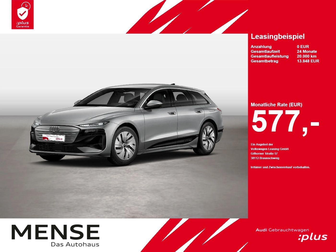 Fahrzeuge PKW autohaus mense Audi A6 Avant e-tron performance B&O HUD 4xSHZG ACC - mit KI generiert/bearbeitet