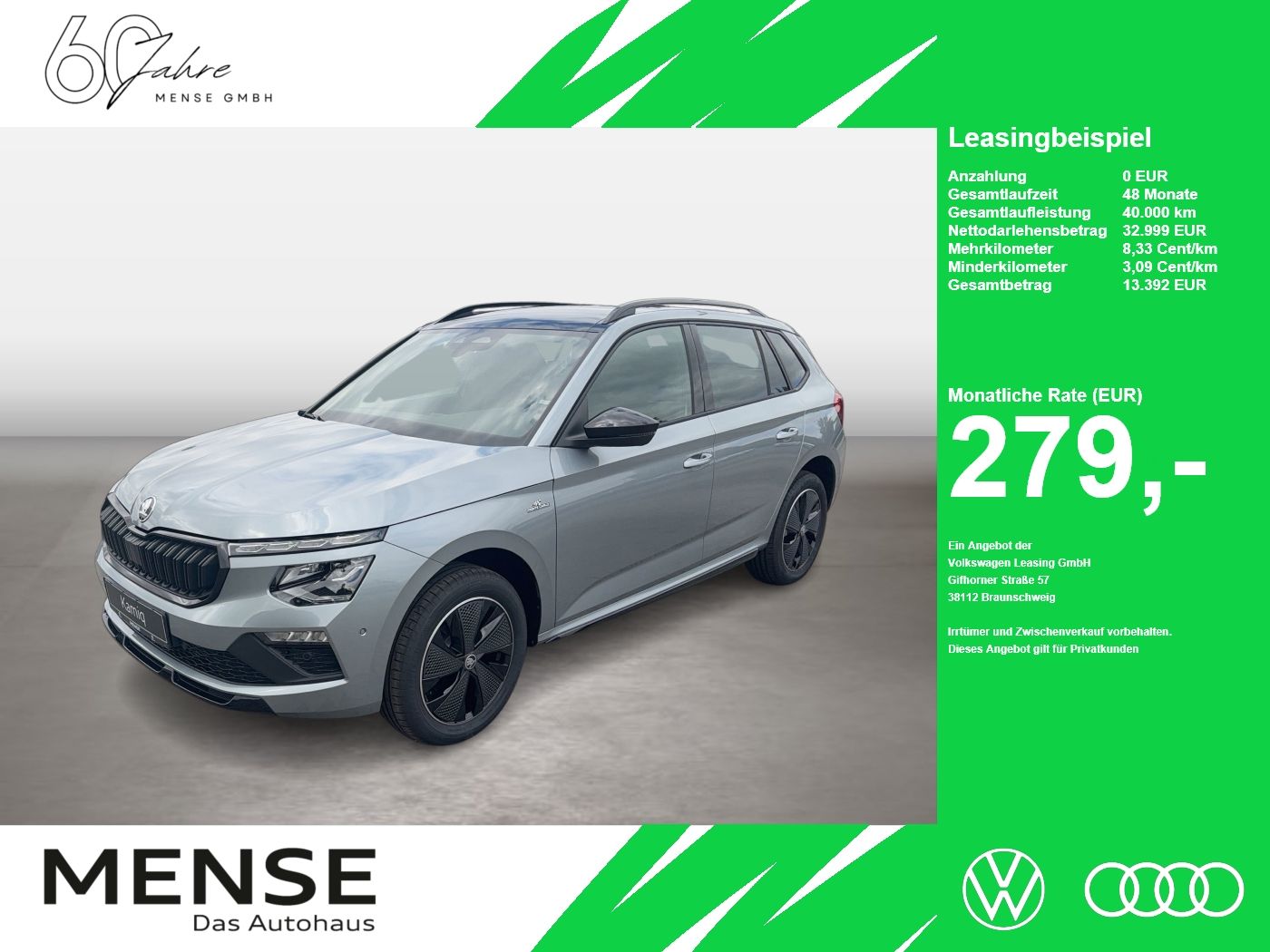 Fahrzeug autohaus mense Fahrzeugabbildung SKODA Kamiq 1.5 TSI Monte Carlo Matrix AHK Pano SD ACC - mit KI generiert/bearbeitet