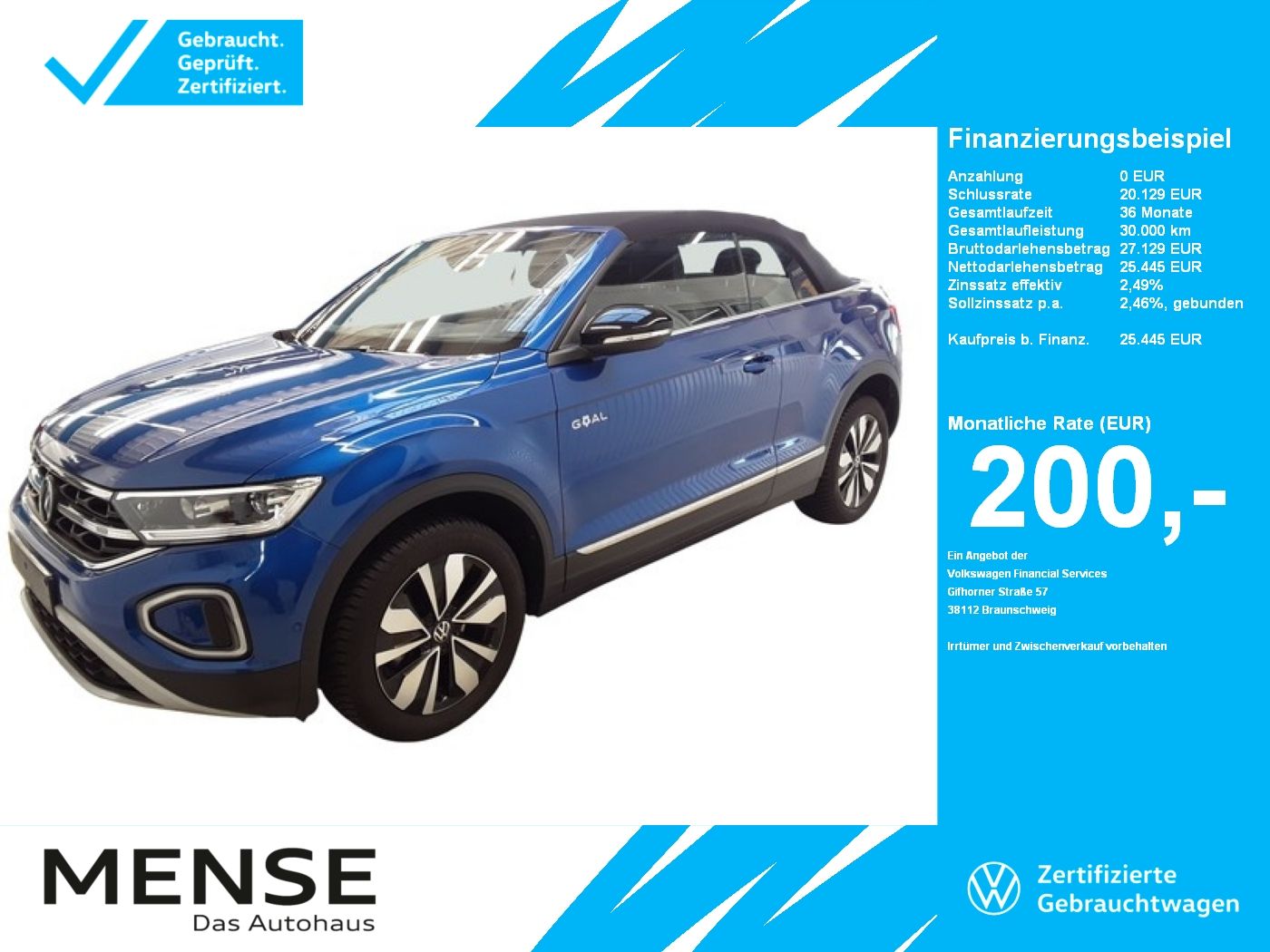 Fahrzeuge PKW autohaus mense Volkswagen T-Roc Cabriolet 1.5 TSI Style CarPlay ACC LED LM