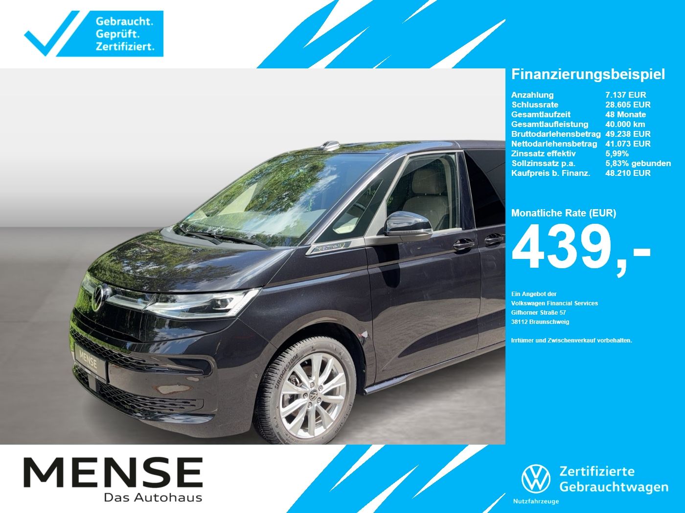 Fahrzeug autohaus mense Fahrzeugabbildung Volkswagen Multivan GOAL 2.0 l TDI 110 kW DSG LÜ Goal ACC - mit KI generiert/bearbeitet