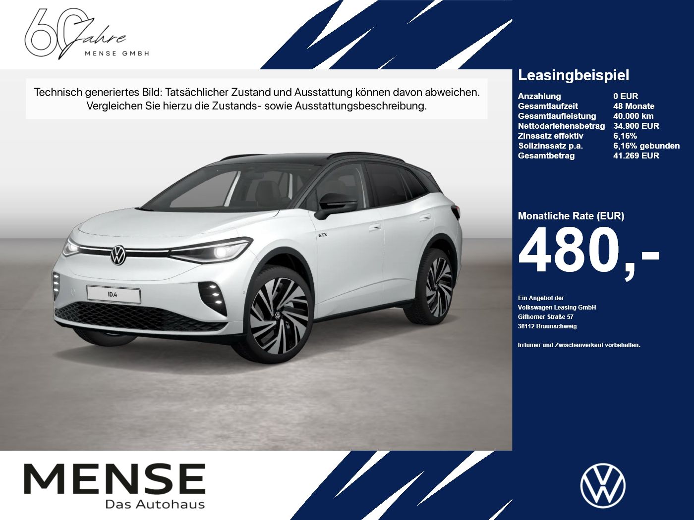Fahrzeug autohaus mense Fahrzeugabbildung Volkswagen ID.4 GTX 4MOTION IQ.Light Matrix CarPlay AHK HUD - mit KI generiert/bearbeitet