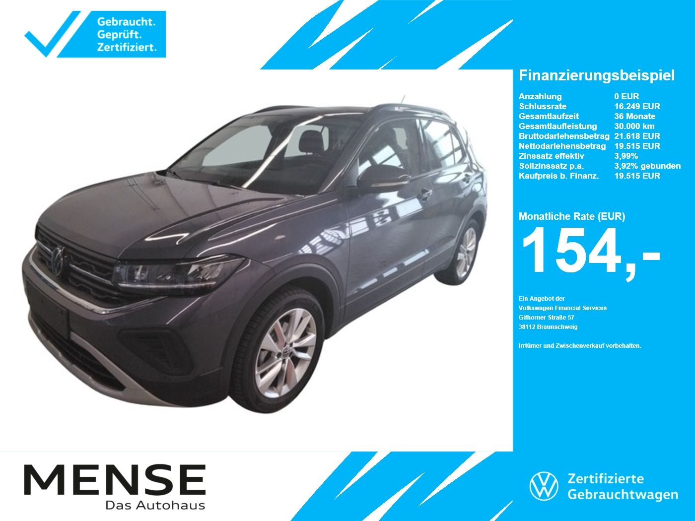 Fahrzeuge PKW autohaus mense Volkswagen T-Cross 1.0 TSI Life CarPlay ACC LED Navi KlimaA