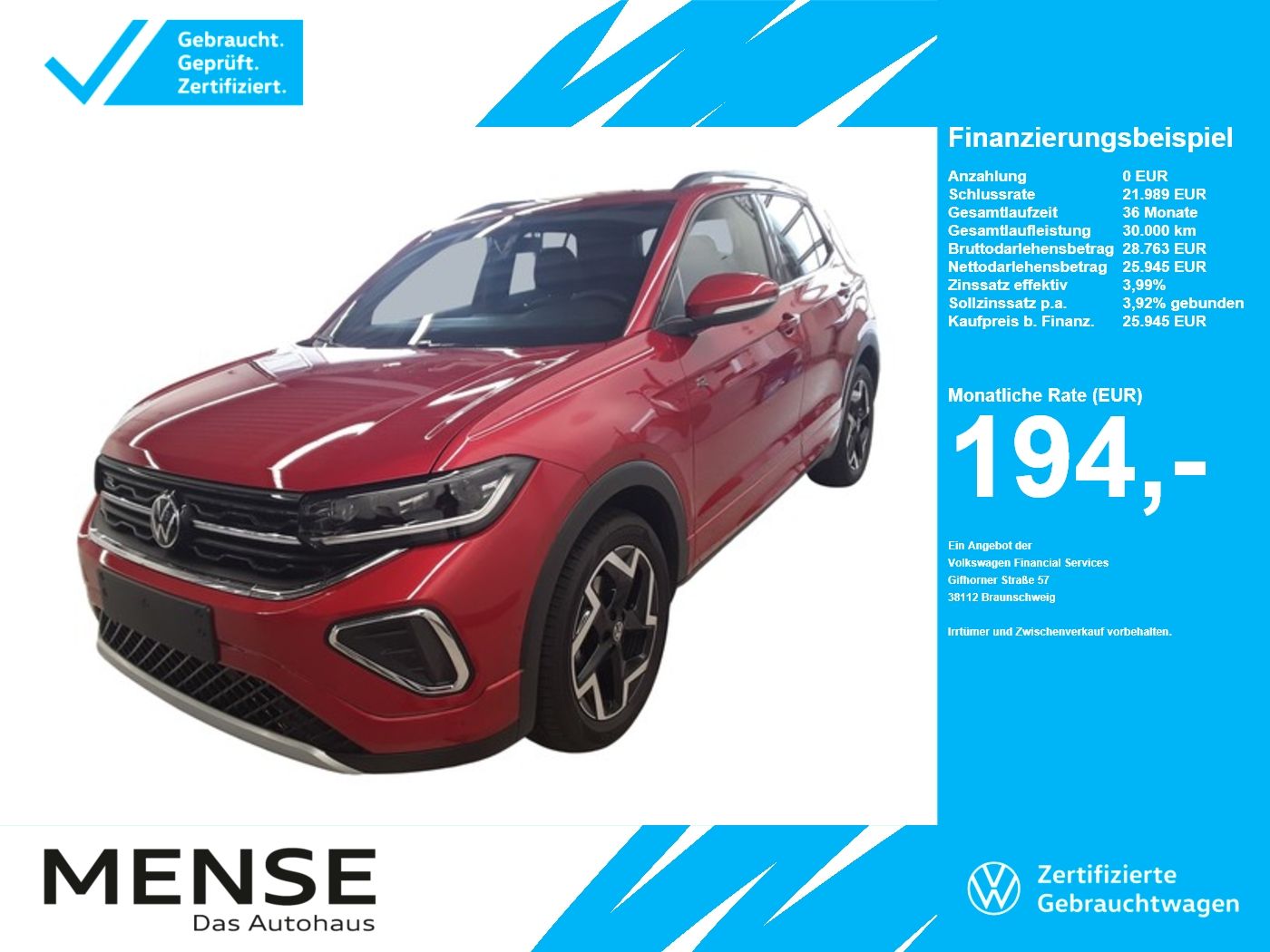 Fahrzeuge PKW autohaus mense Volkswagen T-Cross 1.0TSI DSG R-Line IQ.Light Matrix ACC
