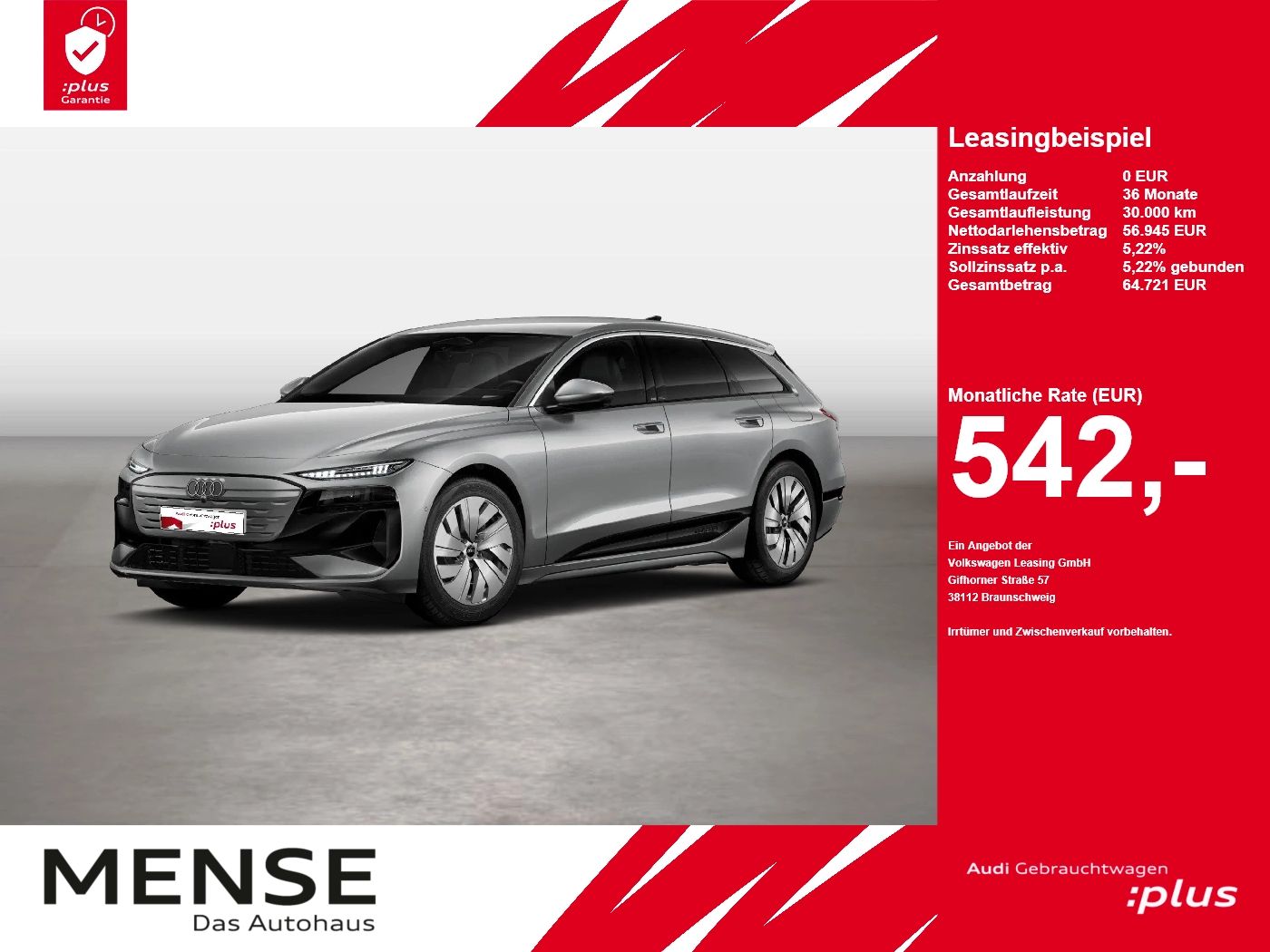 Fahrzeug autohaus mense Fahrzeugabbildung Audi A6 Avant e-tron quattro 315 kW Matrix CarPlay 4x - mit KI generiert/bearbeitet