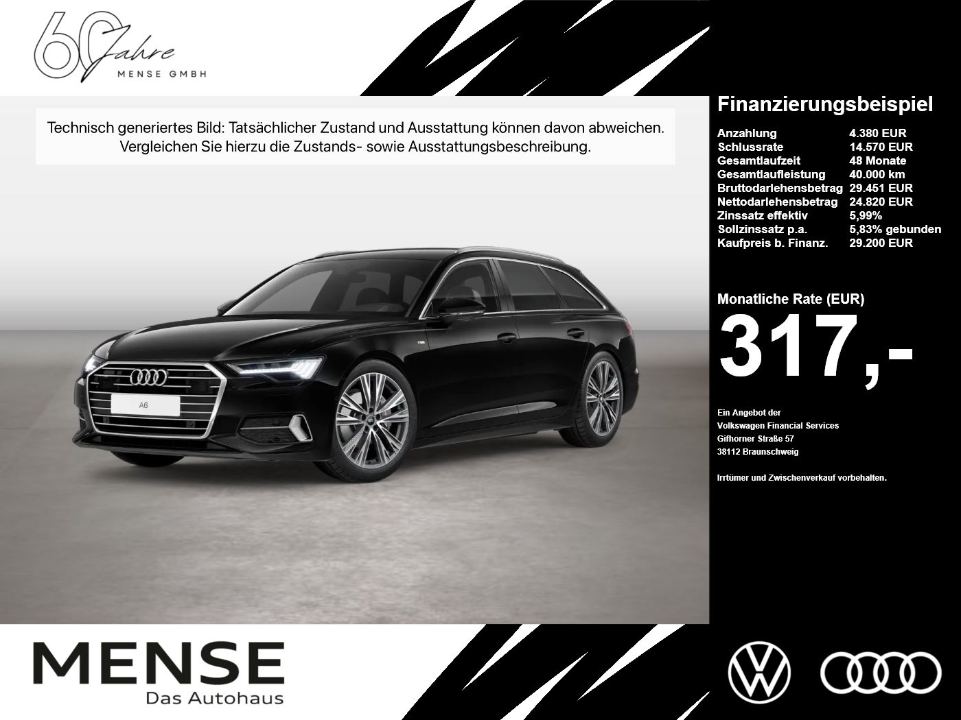 Fahrzeug autohaus mense Fahrzeugabbildung Audi A6 Avant 40 TDI S tronic sport Matrix AHK ACC LM - mit KI generiert/bearbeitet