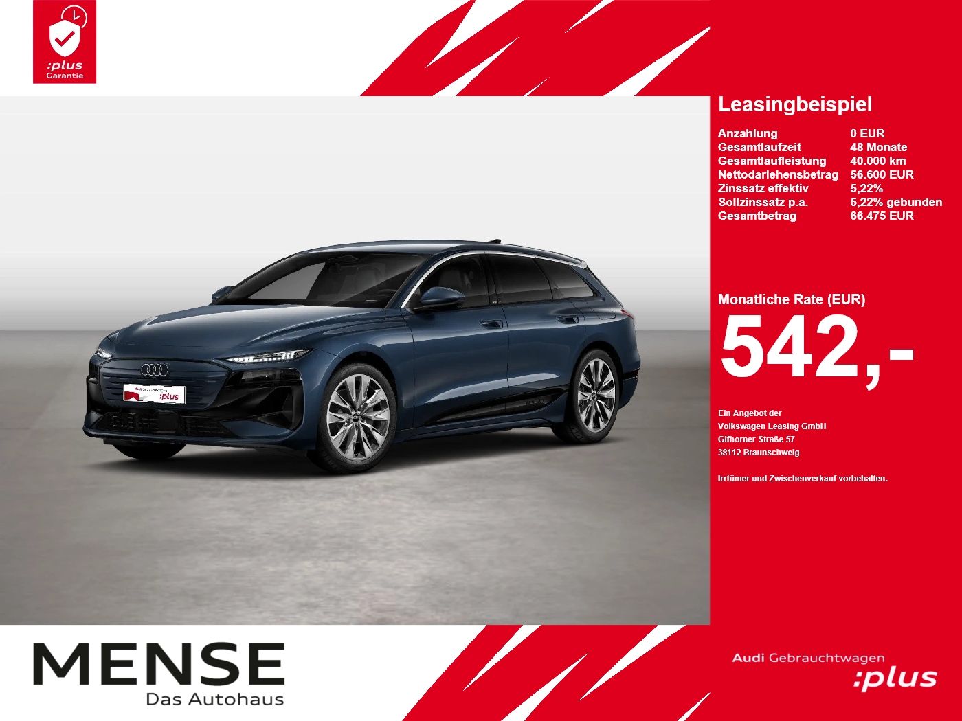 Fahrzeug autohaus mense Fahrzeugabbildung Audi A6 Avant e-tron performance 270 kW Matrix CarPla - mit KI generiert/bearbeitet
