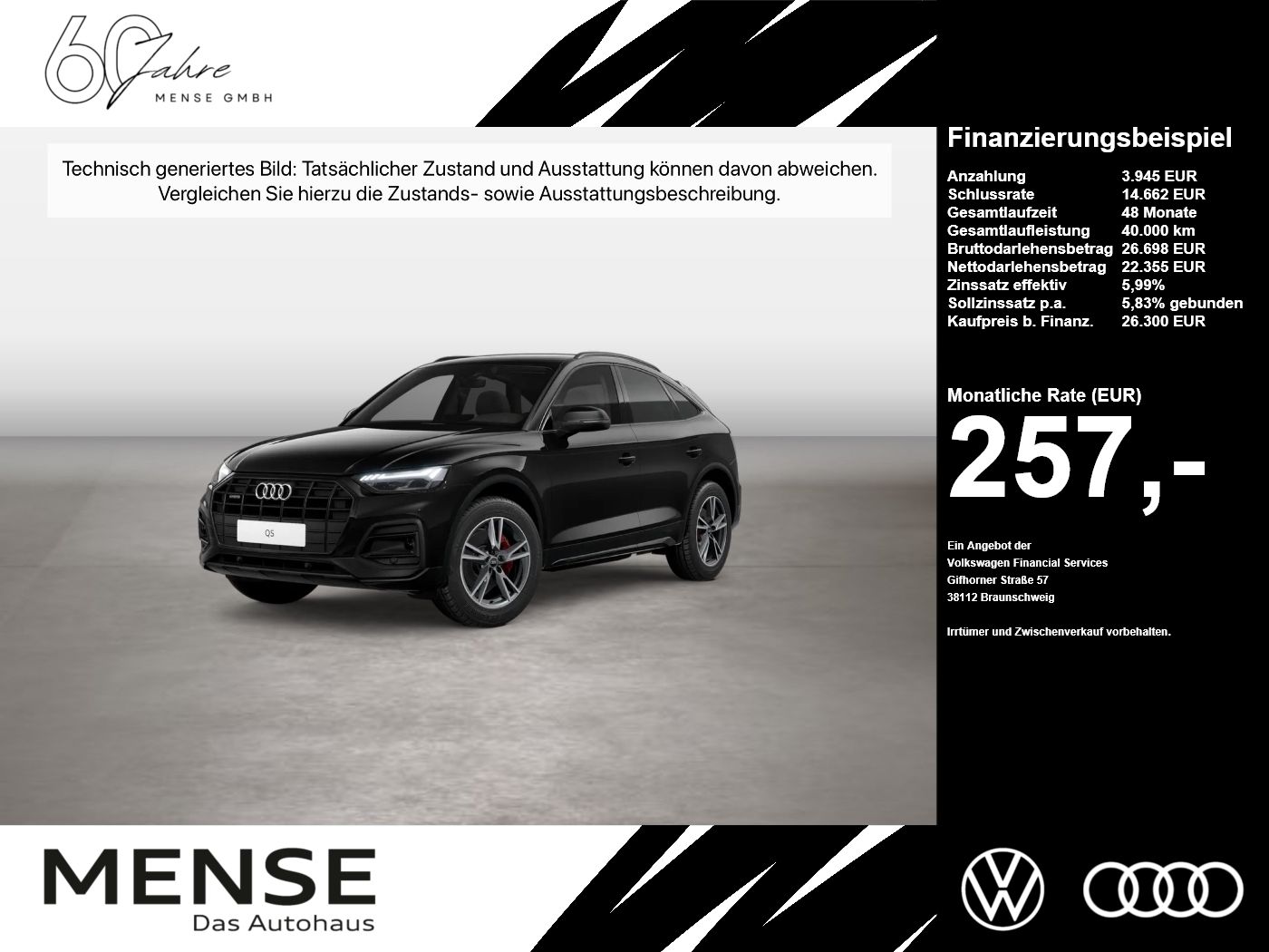 Fahrzeug autohaus mense Fahrzeugabbildung Audi Q5 Sportback 40 TDI quattro S tronic advanced LM - mit KI generiert/bearbeitet