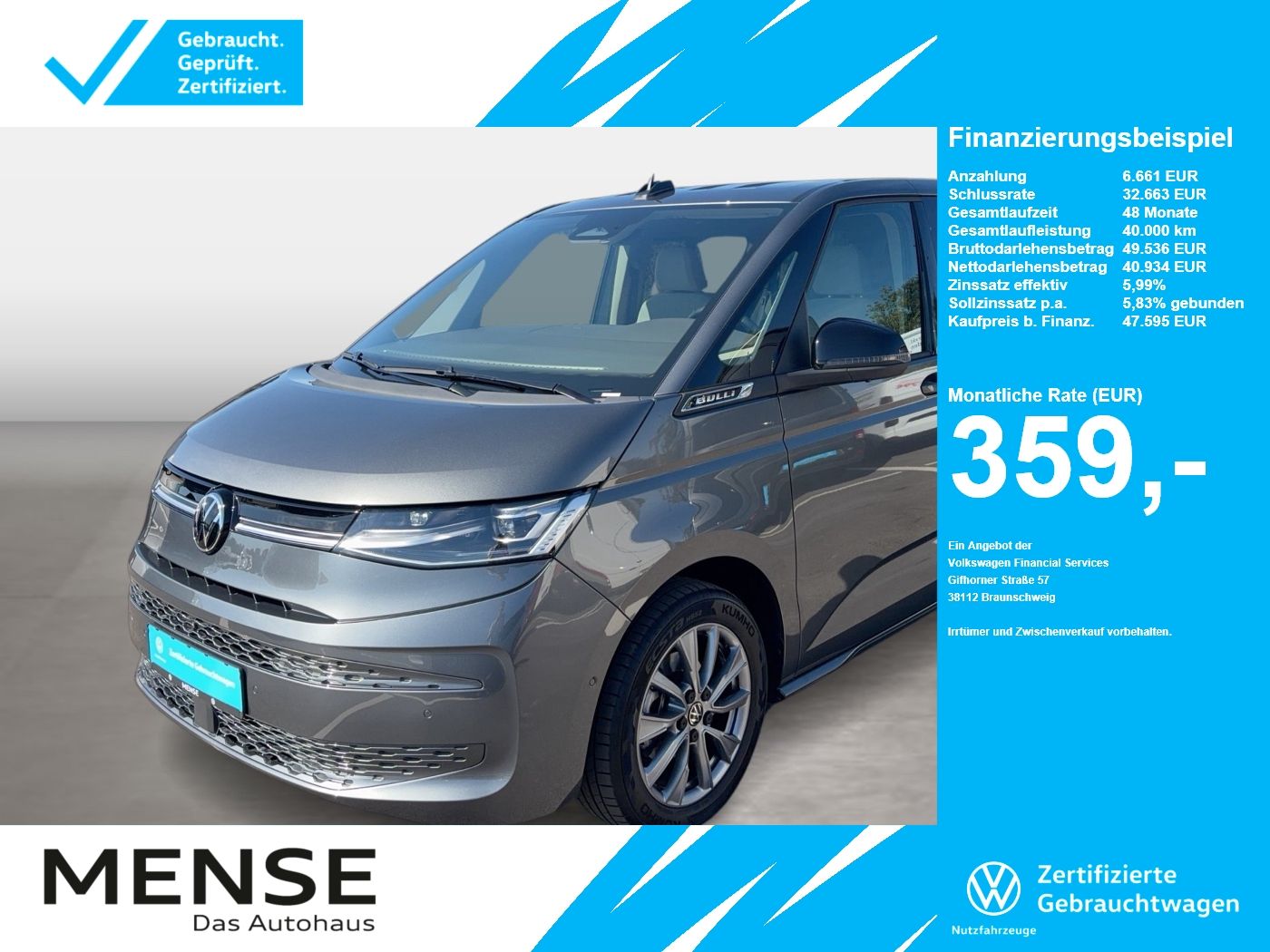 Fahrzeug autohaus mense Fahrzeugabbildung Volkswagen Multivan T7 LÜ 110kW TDI IQ.Light Matrix AHK - mit KI generiert/bearbeitet