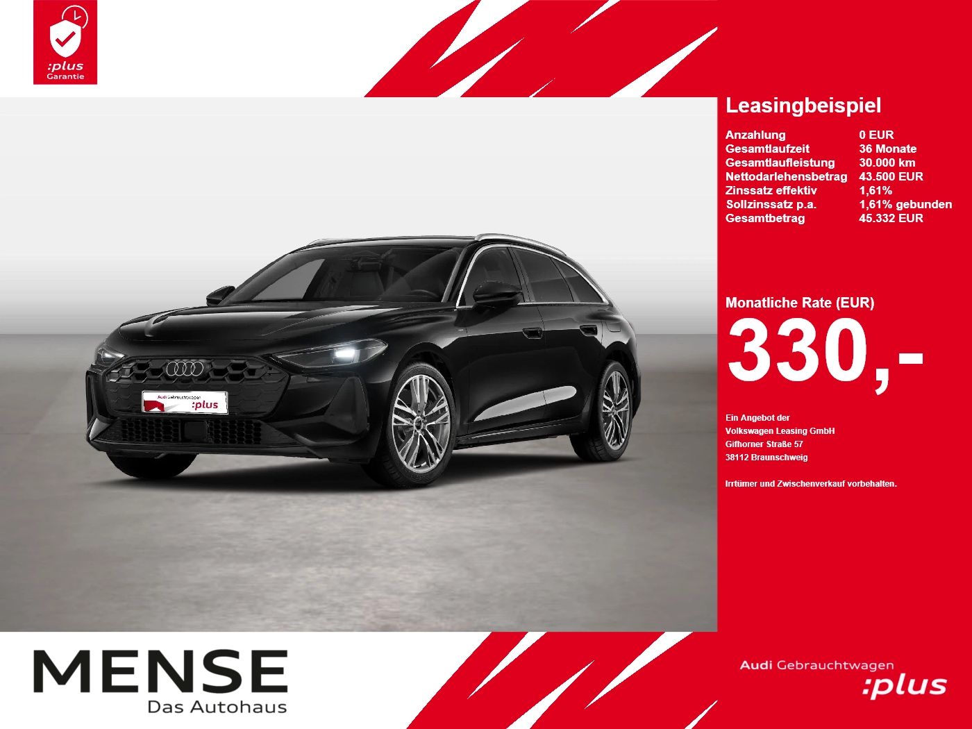 Fahrzeug autohaus mense Fahrzeugabbildung Audi A5 Avant e-hybrid quattro S tronic Standhzg ACC - mit KI generiert/bearbeitet