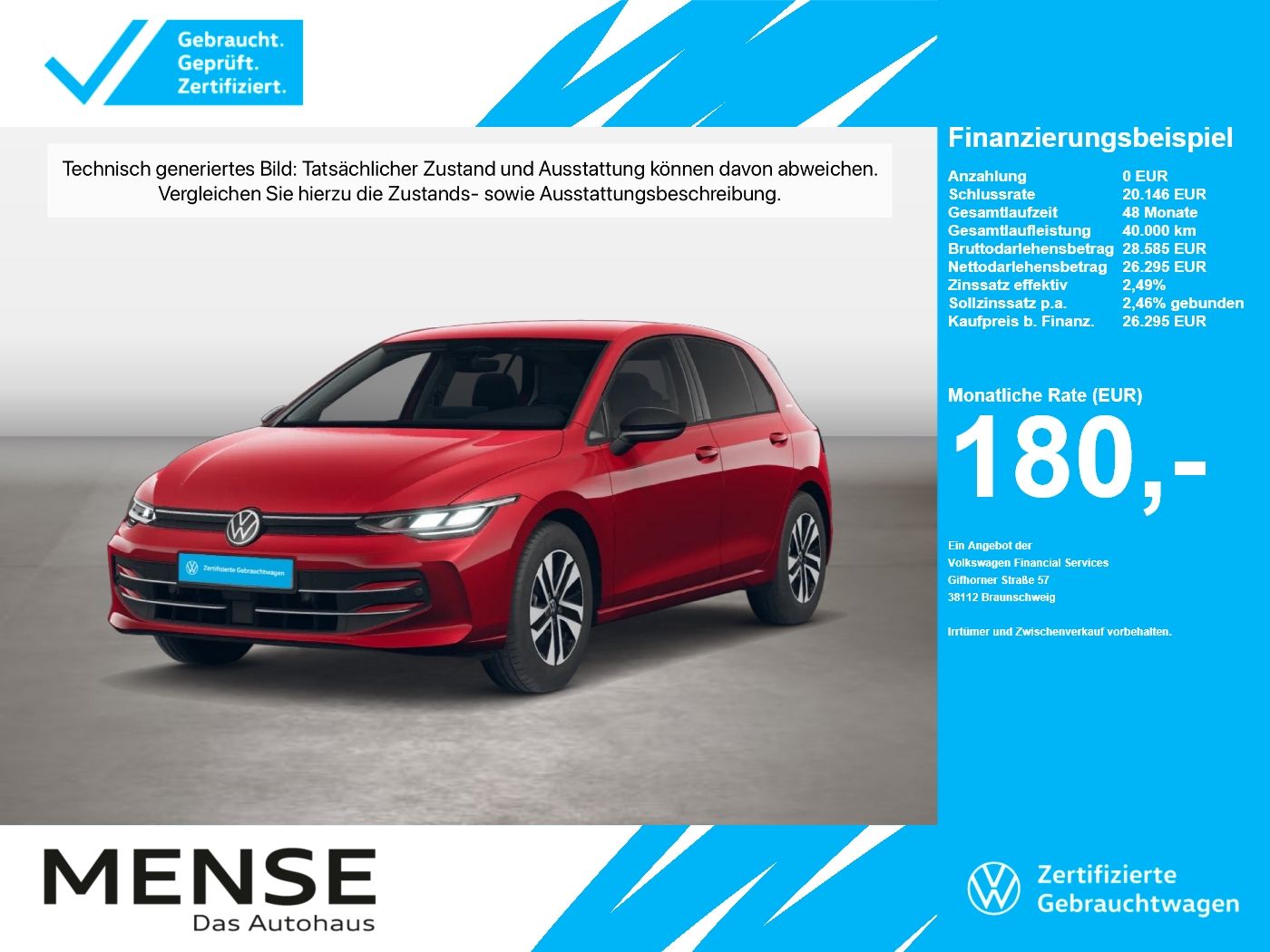 Fahrzeuge PKW autohaus mense Volkswagen Golf VIII 1.5 eTSI DSG Life Energy CarPlay ACC - mit KI generiert/bearbeitet