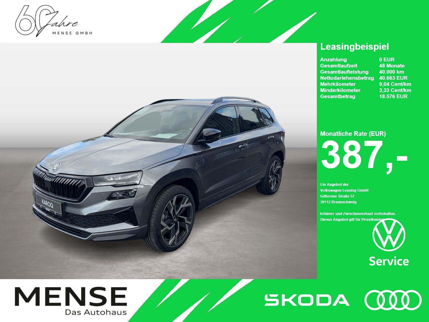 Fahrzeuge PKW autohaus mense SKODA Karoq 2.0 TDI 4x4 Sportline Matrix AHK Pano SD - mit KI generiert/bearbeitet