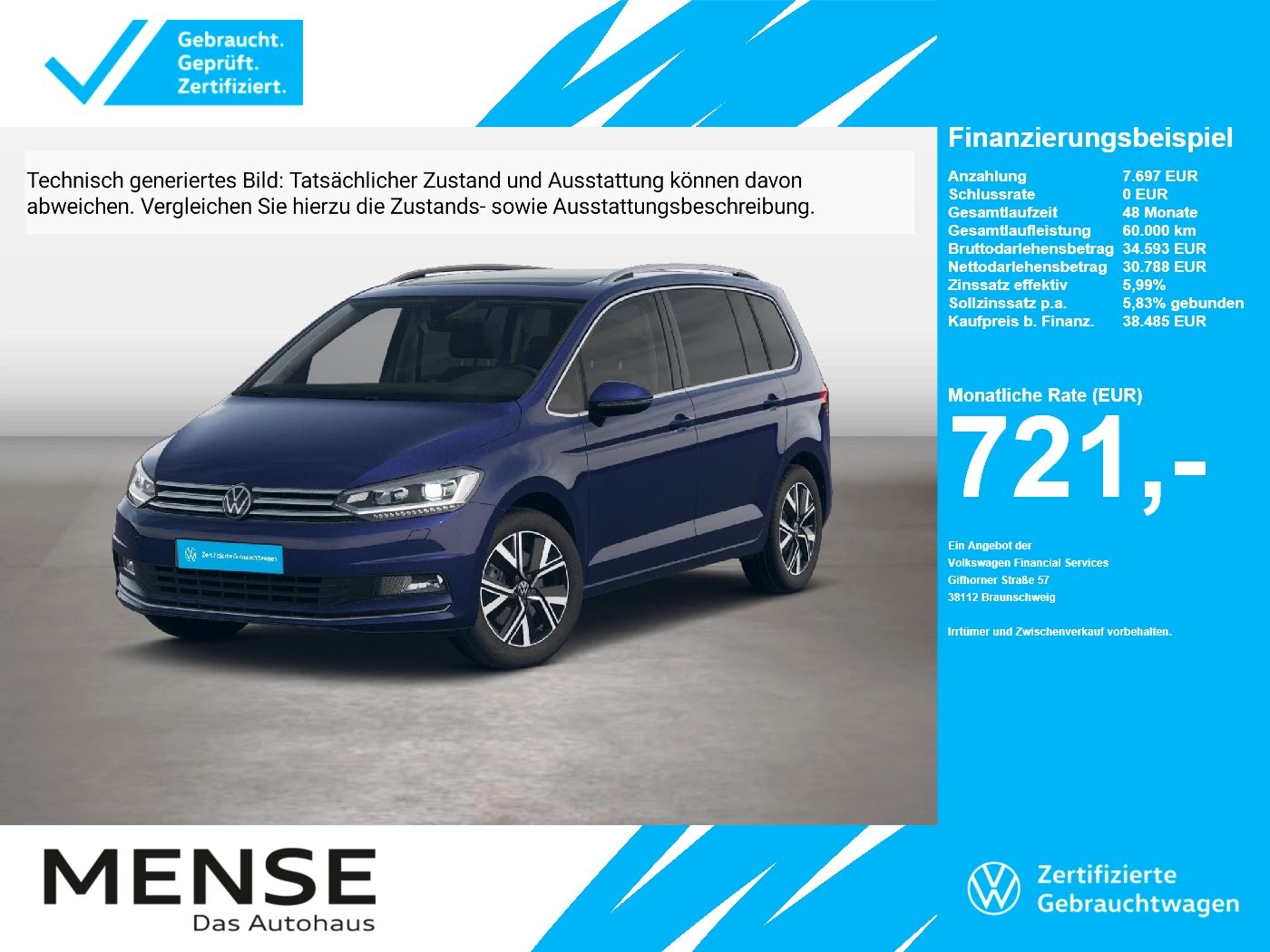 Fahrzeuge PKW autohaus mense Volkswagen Touran Highline 1.5 TSI 110kW 7-Gang DSG 4 Türen - mit KI generiert/bearbeitet
