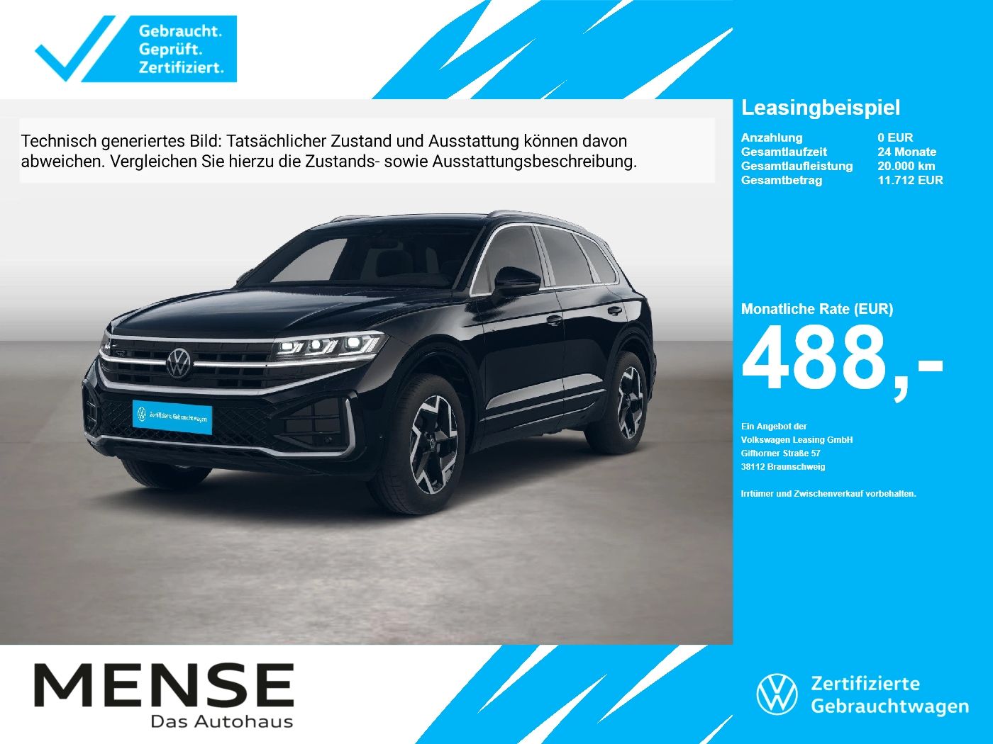 Fahrzeuge PKW autohaus mense Volkswagen Touareg 3.0TDI DSG 4-motion R-Line IQ.Light AHK - mit KI generiert/bearbeitet