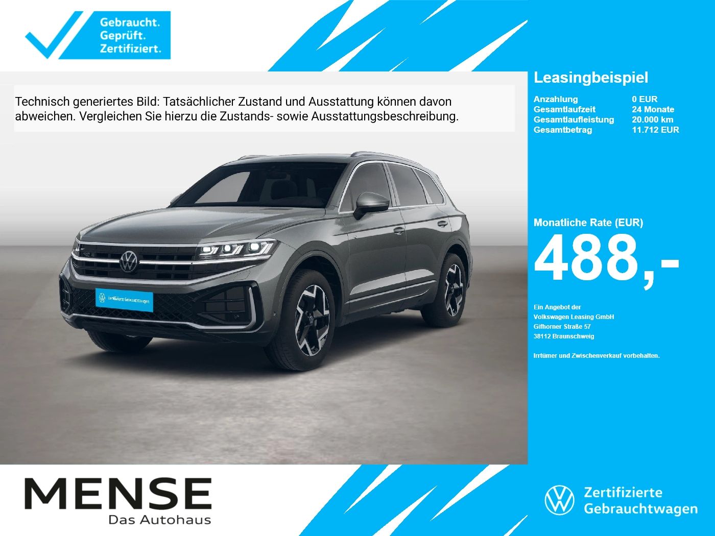 Fahrzeuge PKW autohaus mense Volkswagen Touareg 3.0TDI DSG 4-motion R-Line IQ.Light AHK - mit KI generiert/bearbeitet