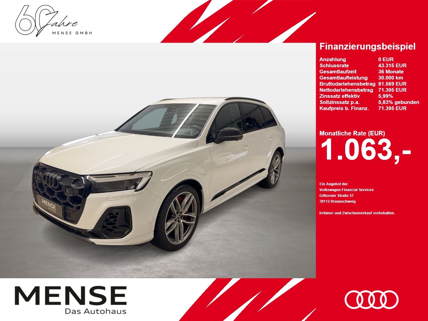 Fahrzeuge PKW autohaus mense Audi Q7 60 TFSI e quattro tiptronic S line Matrix B&O - mit KI generiert/bearbeitet