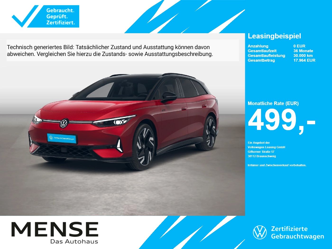 Fahrzeuge PKW autohaus mense Volkswagen ID.7 Tourer GTX 4-motion electric IQ.Light h/k - mit KI generiert/bearbeitet