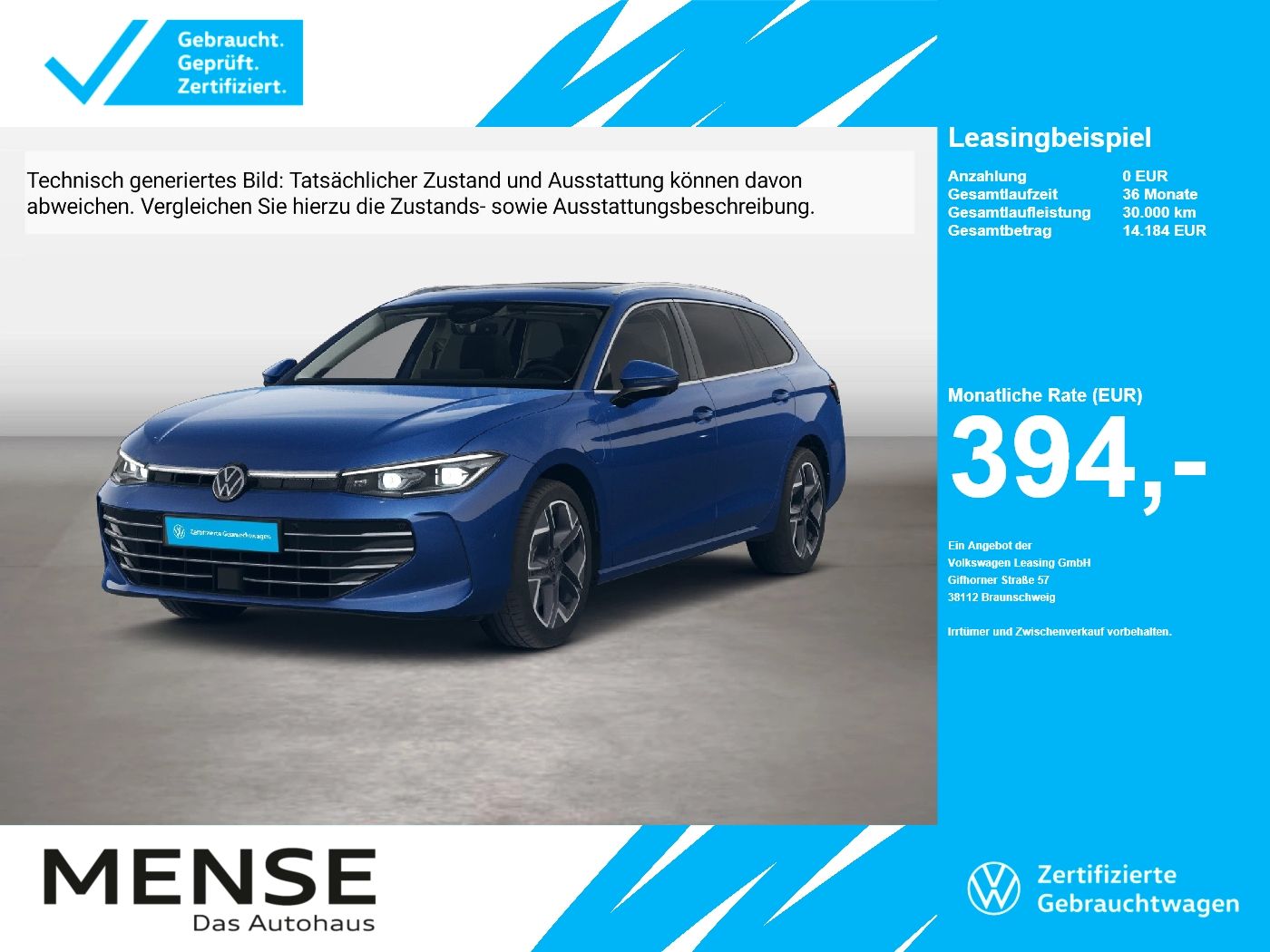 Fahrzeuge PKW autohaus mense Volkswagen Passat Variant 1.5 TSI eHybrid IQ.Light Matrix - mit KI generiert/bearbeitet