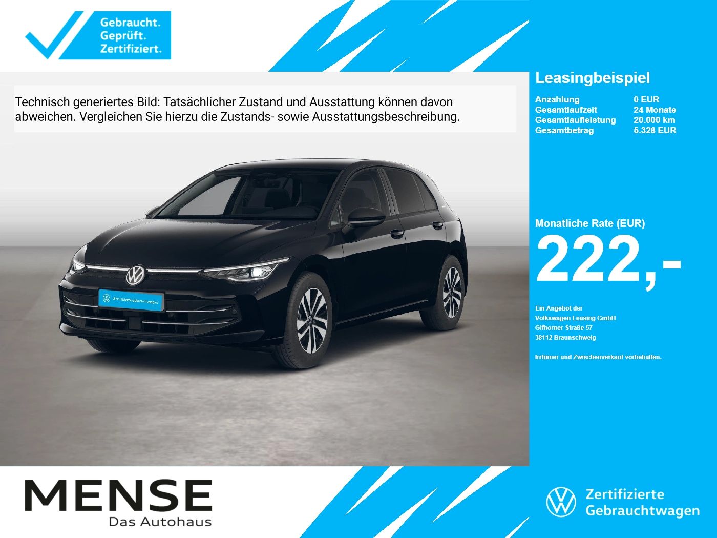 Fahrzeuge PKW autohaus mense Volkswagen Golf VIII 2.0TDI DSG Life Energy CarPlay AHK ACC - mit KI generiert/bearbeitet