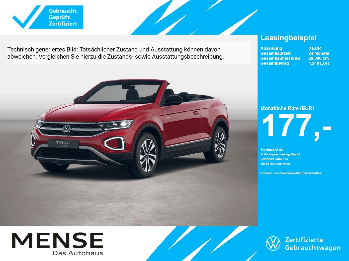 Fahrzeuge PKW autohaus mense Volkswagen T-Roc Cabriolet 1.0TSI Style Energy CarPlay ACC - mit KI generiert/bearbeitet