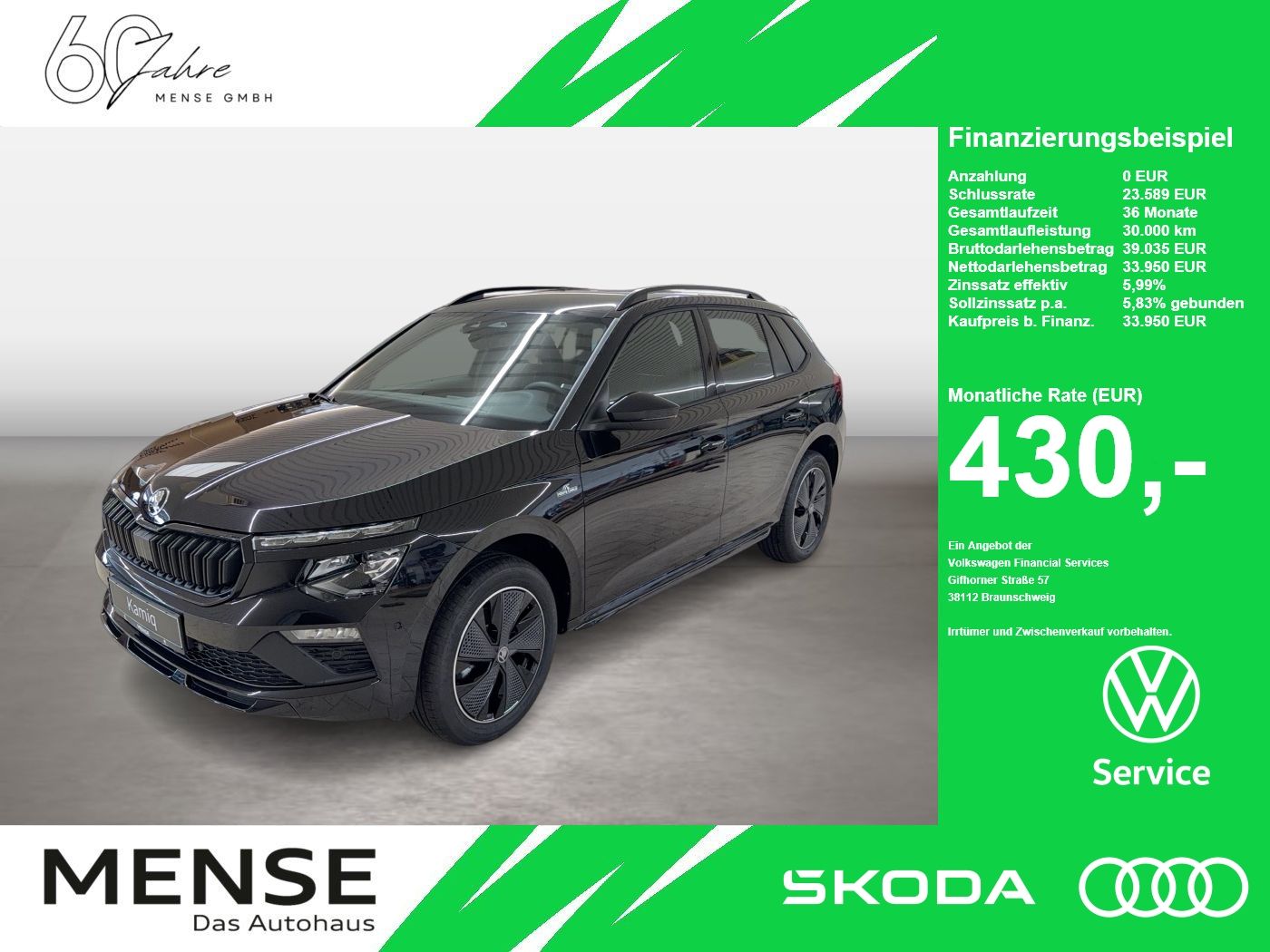 Fahrzeuge PKW autohaus mense SKODA Kamiq 1.0 TSI Monte Carlo Matrix AHK Pano SD ACC - mit KI generiert/bearbeitet
